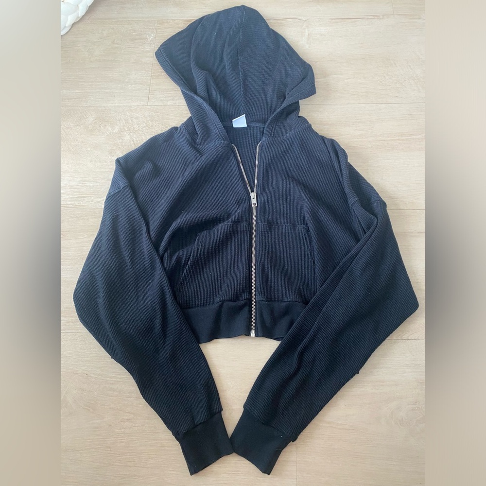 TNA Boxy Fit Baggy Cropped Waffle Knit Zip Up Hoodie